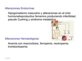 Alteraciones Endocrinas
Hipogonadismo masculino y alteraciones en el ciclo
hormonalreproductivo femenino produciendo infertilidad,
pseudo Cushing y síndrome metabólico
Alteraciones Hematológicas
Anemia con macrocitosis, ferropenia, neutropenia,
trombocitopenia
14/10/15
 