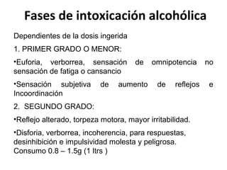 Fases de intoxicación alcohólica
Dependientes de la dosis ingerida
1. PRIMER GRADO O MENOR:
•Euforia, verborrea, sensación de omnipotencia no
sensación de fatiga o cansancio
•Sensación subjetiva de aumento de reflejos e
Incoordinación
2. SEGUNDO GRADO:
•Reflejo alterado, torpeza motora, mayor irritabilidad.
•Disforia, verborrea, incoherencia, para respuestas,
desinhibición e impulsividad molesta y peligrosa.
Consumo 0.8 – 1.5g (1 ltrs )
 