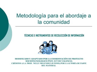 Metodología para el abordaje a
la comunidad
TÉCNICAS E INSTRUMENTOS DE RECOLECCIÓN DE INFORMACIÓN
MODIFICADO Y ADAPTADO PO...