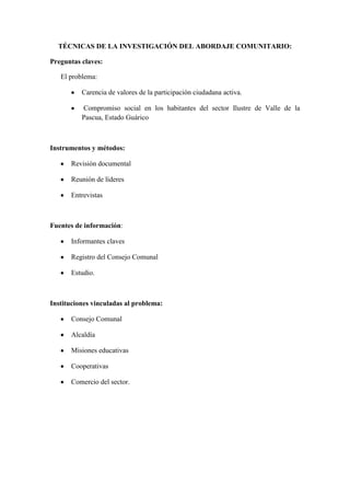 TÉCNICAS DE LA INVESTIGACIÓN DEL ABORDAJE COMUNITARIO:

Preguntas claves:

   El problema:

          Carencia de valores de la participación ciudadana activa.

          Compromiso social en los habitantes del sector Ilustre de Valle de la
          Pascua, Estado Guárico



Instrumentos y métodos:

      Revisión documental

      Reunión de líderes

      Entrevistas



Fuentes de información:

      Informantes claves

      Registro del Consejo Comunal

      Estudio.



Instituciones vinculadas al problema:

      Consejo Comunal

      Alcaldía

      Misiones educativas

      Cooperativas

      Comercio del sector.
 