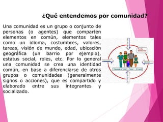 Una comunidad es un grupo o conjunto de
personas (o agentes) que comparten
elementos en común, elementos tales
como un idioma, costumbres, valores,
tareas, visión de mundo, edad, ubicación
geográfica (un barrio por ejemplo),
estatus social, roles, etc. Por lo general
una comunidad se crea una identidad
común, en base a diferenciarse de otros
grupos o comunidades (generalmente
signos o acciones), que es compartido y
elaborado entre sus integrantes y
socializado.
¿Qué entendemos por comunidad?
 