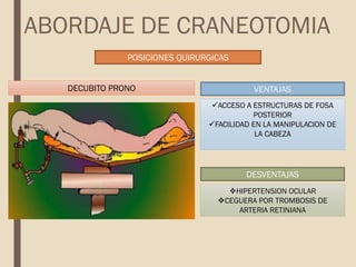 POSICIONES QUIRURGICAS
DECUBITO PRONO VENTAJAS
ACCESO A ESTRUCTURAS DE FOSA
POSTERIOR
FACILIDAD EN LA MANIPULACION DE
LA CABEZA
DESVENTAJAS
HIPERTENSION OCULAR
CEGUERA POR TROMBOSIS DE
ARTERIA RETINIANA
ABORDAJE DE CRANEOTOMIA
 