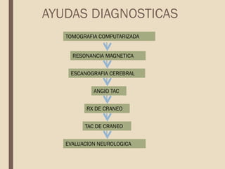 AYUDAS DIAGNOSTICAS
RESONANCIA MAGNETICA
EVALUACION NEUROLOGICA
TAC DE CRANEO
ESCANOGRAFIA CEREBRAL
RX DE CRANEO
ANGIO TAC
TOMOGRAFIA COMPUTARIZADA
 