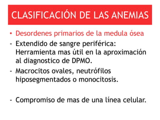 CLASIFICACIÓN DE LAS ANEMIAS
• Desordenes primarios de la medula ósea
- Extendido de sangre periférica:
  Herramienta mas útil en la aproximación
  al diagnostico de DPMO.
- Macrocitos ovales, neutrófilos
  hiposegmentados o monocitosis.

- Compromiso de mas de una línea celular.
 