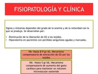 FISIOPATOLOGÍA Y CLÍNICA

Signos y síntomas dependen del grado de la anemia y de la velocidad con la
que se produjo. Se desarrollan por:

• Disminución de la liberación de O2 a los tejidos.
• Hipovolemia en pacientes con perdidas sanguíneas agudas y marcadas.



                  Hb: Hasta 8-9 gr/dL: Mecanismo
              compensatorio de extracción de O2 por los
                              tejidos

                   Hb: Hasta 5 gr/dL: Mecanismo
                 compensatorio de aumento del gasto
                 cardiaco para mantener un volumen
                       intravascular sostenido
 