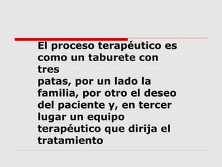 El proceso terapéutico es
como un taburete con
tres
patas, por un lado la
familia, por otro el deseo
del paciente y, en tercer
lugar un equipo
terapéutico que dirija el
tratamiento
 