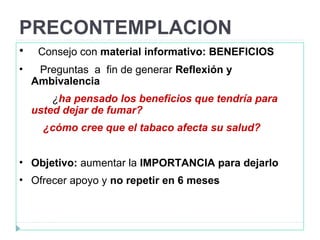 PRECONTEMPLACION
• Consejo con material informativo: BENEFICIOS
• Preguntas a fin de generar Reflexión y
Ambivalencia
¿ha pensado los beneficios que tendría para
usted dejar de fumar?
¿cómo cree que el tabaco afecta su salud?
• Objetivo: aumentar la IMPORTANCIA para dejarlo
• Ofrecer apoyo y no repetir en 6 meses
 