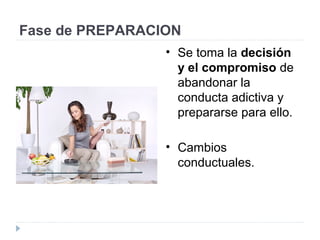 Fase de PREPARACION
• Se toma la decisión
y el compromiso de
abandonar la
conducta adictiva y
prepararse para ello.
• Cambios
conductuales.
 