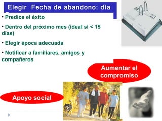 Elegir Fecha de abandono: día
D
Aumentar el
compromiso
• Predice el éxito
• Dentro del próximo mes (ideal si < 15
días)
• Elegir época adecuada
• Notificar a familiares, amigos y
compañeros
Apoyo social
 