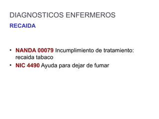DIAGNOSTICOS ENFERMEROS
RECAIDA
• NANDA 00079 Incumplimiento de tratamiento:
recaida tabaco
• NIC 4490 Ayuda para dejar de fumar
 