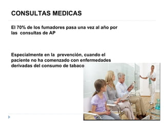 CONSULTAS MEDICAS
El 70% de los fumadores pasa una vez al año por
las consultas de AP
Especialmente en la prevención, cuando el
paciente no ha comenzado con enfermedades
derivadas del consumo de tabaco
 