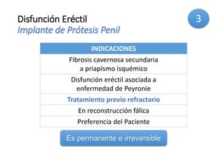 Disfunción Eréctil
Implante de Prótesis Penil
INDICACIONES
Fibrosis cavernosa secundaria
a priapismo isquémico
Disfunción eréctil asociada a
enfermedad de Peyronie
Tratamiento previo refractario
En reconstrucción fálica
Preferencia del Paciente
Es permanente e irreversible
3
 