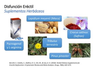 Disfunción Eréctil
Suplementos Herbáceos
Borrelli, F., Colalto, C., Delfino, D. V., Iriti, M., & Izzo, A. A. (2018). Herbal Dietary Supplements for
Erectile Dysfunction: A Systematic Review and Meta-Analysis. Drugs, 78(6), 643–673.
Pycnogenol
y L-arginina
Lepidium meyenii (Maca)
Tribulus
terrestris
Pinus pinaster
Crocus sativus
(Safron)
 