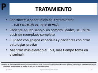 P

TRATAMIENTO

• Controversia sobre inicio del tratamiento:
– TSH ≥ 4.5 mU/L vs. TSH ≥ 10 mU/L

• Paciente adulto sano o sin comorbilidades, se utiliza
dosis de reemplazo completo
• Cuidado con grupos especiales y pacientes con otras
patologías previas
• Mientras más elevado el TSH, más tiempo toma en
disminuir
J. Garber et. Al.; Clinicial Pratice Guidelines for Hypothyroidismo in adults: Cosponsored by the American Association of Clinical Endocrinologist and the American Thyroid
Association. THYROID Volume 22, Number 12, 2012. DOI: 10.1089/thy.2012.0205

8/1/2014

Hipotiroidismo-Dr.H.Martín

25

 