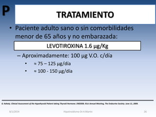 P

TRATAMIENTO

• Paciente adulto sano o sin comorbilidades
menor de 65 años y no embarazada:
LEVOTIROXINA 1.6 μg/Kg
– Aproximadamente: 100 μg V.O. c/día
•
•

≈ 75 – 125 μg/día
≈ 100 - 150 μg/día

G. Kahaly. Clinical Assessment of the Hypothyroid Patient taking Thyroid Hormone. ENDO09, 91st Annual Meeting, The Endocrine Society. June 11, 2009.

8/1/2014

Hipotiroidismo-Dr.H.Martín

26

 