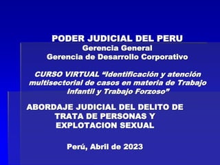 PODER JUDICIAL DEL PERU
Gerencia General
Gerencia de Desarrollo Corporativo
CURSO VIRTUAL “Identificación y atención
multisectorial de casos en materia de Trabajo
Infantil y Trabajo Forzoso”
ABORDAJE JUDICIAL DEL DELITO DE
TRATA DE PERSONAS Y
EXPLOTACION SEXUAL
Perú, Abril de 2023
 