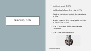 EPIDEMIOLOGÍA
• Incidencia anual: 0.08%
• Indidencia a lo largo de la vída: 4 – 7%
• Desde el nacimiento hasta la 8va. década de
la vida.
• Amplio espectro de tipos de nódulos – sólo
el 5% son carcinomas.
• EUA: 1:20 nuevos nódulos tiroideos es
carcinoma.
• EUA: 1:200 nódulos es letal.
* Cummings 7ª edición
 