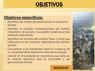 Objetivos específicos:
 Identificar las tendencias destructivas en el entorno
escolar.
 Describir el contexto socioeconómico del entorno
inmediato a la escuela y su posible incidencia en las
prácticas destructivas.
 Identificar los factores del contexto físico y social que
influencian en las prácticas destructivas del entorno
escolar.
 Concientizar a los estudiantes sobre la incidencia de
su comportamiento destructivo del entorno escolar.
 Infundir en el estudiante la importancia que tiene en
su entorno educativo para la comunidad y las
generaciones futuras.
REGRESAR
OBJETIVOS
 