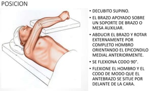 POSICION
• DECUBITO SUPINO.
• EL BRAZO APOYADO SOBRE
UN SOPORTE DE BRAZO O
MESA AUXILIAR.
• ABDUCIR EL BRAZO Y ROTAR
EXTERNAMENTE POR
COMPLETO HOMBRO
ORIENTANDO EL EPICONDILO
MEDIAL ANTERIORMENTE.
• SE FLEXIONA CODO 90°.
• FLEXIONE EL HOMBRO Y EL
CODO DE MODO QUE EL
ANTEBRAZO SE SITUE POR
DELANTE DE LA CARA.
 