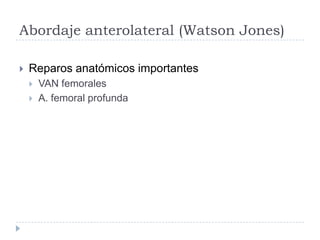 Abordaje anterolateral (Watson Jones)
 Reparos anatómicos importantes
 VAN femorales
 A. femoral profunda
 