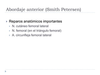 Abordaje anterior (Smith Petersen)
 Reparos anatómicos importantes
 N. cutáneo femoral lateral
 N. femoral (en el triángulo femoral)
 A. circunfleja femoral lateral
 