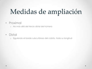 Medidas de ampliación
• Proximal
   o No más allá del tercio distal del húmero



• Distal
   o Siguiendo el borde subcutáneo del cúbito, toda su longitud
 