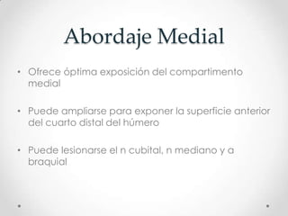 Abordaje Medial
• Ofrece óptima exposición del compartimento
  medial

• Puede ampliarse para exponer la superficie anterior
  del cuarto distal del húmero

• Puede lesionarse el n cubital, n mediano y a
  braquial
 