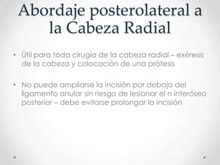 Abordaje posterolateral a
    la Cabeza Radial
• Útil para toda cirugía de la cabeza radial – exéresis
  de la cabeza y colocación de una prótesis

• No puede ampliarse la incisión por debajo del
  ligamento anular sin riesgo de lesionar el n interóseo
  posterior – debe evitarse prolongar la incisión
 