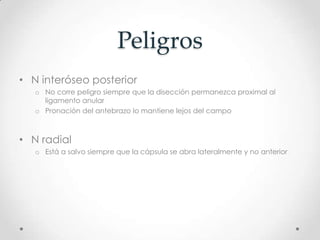 Peligros
• N interóseo posterior
   o No corre peligro siempre que la disección permanezca proximal al
     ligamento anular
   o Pronación del antebrazo lo mantiene lejos del campo



• N radial
   o Está a salvo siempre que la cápsula se abra lateralmente y no anterior
 