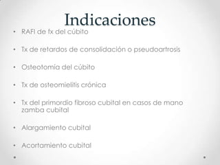 Indicaciones
• RAFI de fx del cúbito

• Tx de retardos de consolidación o pseudoartrosis

• Osteotomía del cúbito

• Tx de osteomielitis crónica

• Tx del primordio fibroso cubital en casos de mano
  zamba cubital

• Alargamiento cubital

• Acortamiento cubital
 