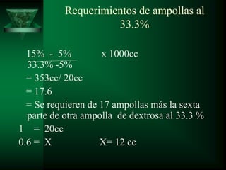 Requerimientos de ampollas al
33.3%
15% - 5% x 1000cc
33.3% -5%
= 353cc/ 20cc
= 17.6
= Se requieren de 17 ampollas más la sexta
parte de otra ampolla de dextrosa al 33.3 %
1 = 20cc
0.6 = X X= 12 cc
 