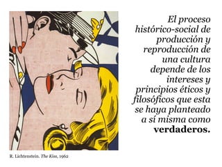 El proceso
                                   histórico-social de
                                         producción y
                                     reproducción de
                                           una cultura
                                       depende de los
                                            intereses y
                                   principios éticos y
                                  filosóficos que esta
                                   se haya planteado
                                     a sí misma como
                                        verdaderos.

R. Lichtenstein. The Kiss, 1962
 