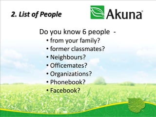 2. List of People

         Do you know 6 people -
           • from your family?
           • former classmates?
           • Neighbours?
           • Officemates?
           • Organizations?
           • Phonebook?
           • Facebook?
 