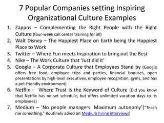 7 Popular Companies setting Inspiring
Organizational Culture Examples
1. Zappos – Complementing the Right People with the Right
Culture (four-week call center training for all)
2. Walt Disney – The Happiest Place on Earth being the Happiest
Place to Work
3. Twitter – Where Fun meets Inspiration to bring out the Best
4. Nike – The Work Culture that ‘Just did it’
5. Google – A Corporate Culture that Employees Stand by (Google
offers free food, employee trips and parties, financial bonuses, open
presentations by high-level executives, employee recognition, gyms, and has
a pet-friendly environment)
6. Netflix – Where Trust is the Keyword of Culture (Did you know
that Netflix has no set schedule, but offers unlimited vacation days to its
employees)
7. Medium – ‘No people managers. Maximum autonomy’(“Teach
me something.” Routinely asked on Medium hiring interviews)
 