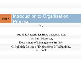 By
Dr. H.S. ABZAL BASHA, M.B.A., Ph.D., L.L.B.
Assistant Professor,
Department of Management Studies,
G. Pullaiah College of Engineering & Technology,
Kurnool.
Introduction to Organisation
Process
Unit-V
 