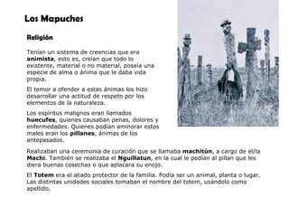 Los Mapuches Religión Tenían un sistema de creencias que era  animista , esto es, creían que todo lo existente, material o no material, poseía una especie de alma o ánima que le daba vida propia. El temor a ofender a estas ánimas los hizo desarrollar una actitud de respeto por los elementos de la naturaleza. Los espíritus malignos eran llamados  huecufes , quienes causaban penas, dolores y enfermedades. Quienes podían aminorar estos males eran los  pillanes , ánimas de los antepasados. Realizaban una ceremonia de curación que se llamaba  machitún , a cargo de el/la  Machi . También se realizaba el  Nguillatun , en la cual le pedían al pillan que les diera buenas cosechas o que aplacara su enojo.  El  Totem  era el aliado protector de la familia. Podía ser un animal, planta o lugar. Las distintas unidades sociales tomaban el nombre del totem, usándolo como apellido.  