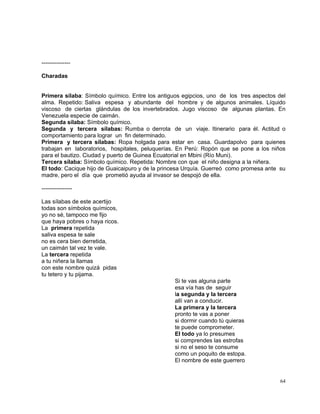 64
---------------
Charadas
Primera sílaba: Símbolo químico. Entre los antiguos egipcios, uno de los tres aspectos del
alma. Repetido: Saliva espesa y abundante del hombre y de algunos animales. Líquido
viscoso de ciertas glándulas de los invertebrados. Jugo viscoso de algunas plantas. En
Venezuela especie de caimán.
Segunda sílaba: Símbolo químico.
Segunda y tercera sílabas: Rumba o derrota de un viaje. Itinerario para él. Actitud o
comportamiento para lograr un fin determinado.
Primera y tercera sílabas: Ropa holgada para estar en casa. Guardapolvo para quienes
trabajan en laboratorios, hospitales, peluquerías. En Perú: Ropón que se pone a los niños
para el bautizo. Ciudad y puerto de Guinea Ecuatorial en Mbini (Río Muni).
Tercera sílaba: Símbolo químico. Repetida: Nombre con que el niño designa a la niñera.
El todo: Cacique hijo de Guaicaipuro y de la princesa Urquía. Guerreó como promesa ante su
madre, pero el día que prometió ayuda al invasor se despojó de ella.
----------------
Las sílabas de este acertijo
todas son símbolos químicos,
yo no sé‚ tampoco me fijo
que haya pobres o haya ricos.
La primera repetida
saliva espesa te sale
no es cera bien derretida,
un caimán tal vez te vale.
La tercera repetida
a tu niñera la llamas
con este nombre quizá pidas
tu tetero y tu pijama.
Si te vas alguna parte
esa vía has de seguir
la segunda y la tercera
allí van a conducir.
La primera y la tercera
pronto te vas a poner
si dormir cuando tú quieras
te puede comprometer.
El todo ya lo presumes
si comprendes las estrofas
si no el seso te consume
como un poquito de estopa.
El nombre de este guerrero
 