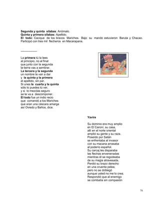 78
Segunda y quinta sílabas: Anómalo.
Quinta y primera sílabas: Apellido.
El todo: Cacique de los bravos Mariches. Bajo su mando estuvieron Baruta y Chacao.
Participó con tres mil flecheros en Macarapana.
-----------------
La primera tú la lees
al principio, no al final
que junto con la segunda
la tierra vas a sembrar.
La tercera y la segunda
un nombre te van a dar
y la quinta y la primera
el apellido, sin par.
Si unes la cuarta y la quinta
sólo lo puedes tú ver,
y si lo mezclas seguro
se te va a descomponer.
El todo fue un indio recio
que comandó a los Mariches
que eran una cáscara amarga
así Oviedo y Baños, dice.
Yavire
Su dominio era muy amplio
en El Caroní, su casa,
allí en el norte oriental
amplió su gente y su raza.
Poseído por Satán
se enfrentaba al invasor
con su macana arrasaba
al poderío español.
Su carcaj les disparaba
las flechas envenenadas
mientras él se regodeaba
de su magia atravesada.
Perdió su brazo derecho
en una cruenta pelea,
pero no se doblegó
aunque usted no me lo crea.
Respondió que al enemigo
se combatía sin compasión
 