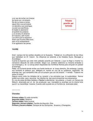 79
y en vez de luchar con brazos
se hacía con el corazón.
No dio su brazo a torcer,
siguió fiel a sus principios
no atendió a sus enemigos
no pisó sus sacrificios.
El diablo lo abandonó
al quitarle los poderes
y un arcabuz lo alcanzó
en Caicara y allí muere.
Los años que le asignaron
dicen que muchos ellos eran,
pero no lo acobardaron
ni le agobiaron las penas.
YAVIRE
Gran cacique de los caribes situados en la Guayana. Trabajó en la unificación de las tribus
que habitaban en El Caroní. Su influencia se extiende a los Estados Sucre, Monagas y
Anzoátegui.
Cuenta la leyenda que este indio peleaba poseído por Satanás y que no llegó a mostrar su
cansancio después de cada combate. Según sus poderes satánicos su macana arrasaba a
sus enemigos y de su carcaj salían disparadas las mortíferas flechas para aniquilar sin piedad
al enemigo.
Peleó en Cumaná donde recibe una fuerte herida en el brazo derecho. Sin embargo, cuando
sus hombres le pidieron que delegara el mando en uno de su confianza, respondió: "Al
enemigo hay que combatirlo más con el corazón que con los brazos". Y remató: “Todavía me
sobra un brazo”.
Seguía como norte los dictados de su corazón y los principios que lo sustentaban. Nunca
prestó sus oídos para escuchar los intentos de paz que le proponían sus adversarios.
En una de estas terribles batallas a Yavire lo abandonan los poderes y muere en Caicara de
Maturín, alcanzado por un de los arcabuces que manejaba su enemigo con la misma furia
que él su maravillosa macana. Cuando esto sucede era un hombre de avanzada edad.
--------------
Charadas
Primera sílaba: En este momento.
Segunda sílaba: Observó.
Tercera sílaba: Nota musical.
Segunda y tercera sílabas: Cambie de dirección. Gire.
Primera y tercera sílabas: Cacique de los Quiriquires, Aruacos y Charagotos.
Peleaba
poseído por
Satanás
 