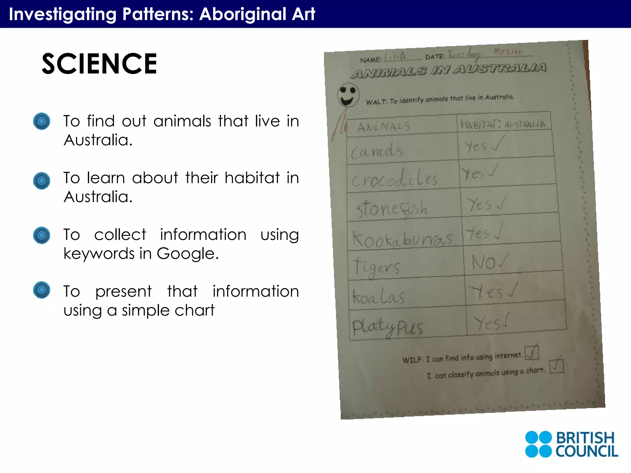 SCIENCE Investigating Patterns: Aboriginal Art To find out animals that live in Australia. To learn about their habitat in Australia. To collect information using keywords in Google. To present that information using a simple chart 