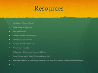 Resources

   Clark, Karin. What Am I Seeing?

   Crook, Connie B. Maple Moon.

   Métis Alphabet Cards

   Kusugak, Michael. Littlest Sled Dog.

   Einarson, Earl. The Moccasins.

   Kusugak, Michael. My Artic 1, 2, 3.

   Reynolds, Jan. Frozen Land

   Wallace, Mary. I is for Inuksuk: An Arctic Celebration

   Enzoe, Pete and Mindy Willet. The Caribou Feed our Soul

   All of these books can be found on www.amazon.ca or at the ACIC resource centre at Brandon University.

   h
 