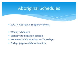 Aboriginal Schedules

SOUTH Aboriginal Support Workers:
Weekly schedules
Mondays to Fridays in schools
Homework club Mondays to Thursdays
Fridays 3-4pm collaboration time

 