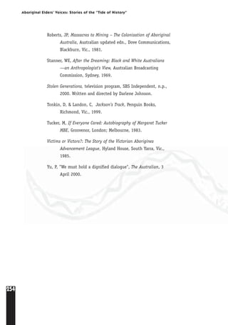 254
Aboriginal Elders’ Voices: Stories of the “Tide of History”
Roberts, JP, Massacres to Mining – The Colonisation of Aboriginal
Australia, Australian updated edn., Dove Communications,
Blackburn, Vic., 1981.
Stanner, WE, After the Dreaming: Black and White Australians
—an Anthropologist's View, Australian Broadcasting
Commission, Sydney, 1969.
Stolen Generations, television program, SBS Independent, n.p.,
2000. Written and directed by Darlene Johnson.
Tonkin, D, & Landon, C, Jackson’s Track, Penguin Books,
Richmond, Vic., 1999.
Tucker, M, If Everyone Cared: Autobiography of Margaret Tucker
MBE, Grosvenor, London; Melbourne, 1983.
Victims or Victors?: The Story of the Victorian Aborigines
Advancement League, Hyland House, South Yarra, Vic.,
1985.
Yu, P, "We must hold a dignified dialogue", The Australian, 3
April 2000.
 