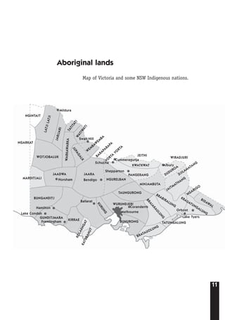 11
NGINTAIT
NGARKAT
WOTJOBALUK
MARDITJALI
JAADWA JAARA
WURUNDJERI
TATUNGALUNG
TAUNGURONG
NGURELBAN
KWATKWAT
JEITHI
WIRADJURI
PANGERANG
MINJAMBUTA
BUNURONG
BRATAUOLUNG
BUNGANDITJ
JUPAGALK
KURUNG
GUNDITJMARA
KIRRAE
Mildura
Horsham Bendigo
Echucha
Cummeragunja
Albury
Lake Tyers
Orbost
Shepparton
Ballarat
Coranderrk
Melbourne
Swan Hill
Hamilton
Lake Condah
Framlingham
LATJILATJI
TATITATIWATIWATI
KOLAKNGAT
KATUBANUT
W
EMBAW
EMBA
BARAPARAPA
YO
RTA
YO
RTA
DUDUROA
DJILAMATANG
NGARIGO
BIDAWAL
BRABIRALUNG
BRAIAKAULUNG
KRAUATUNGALUNG
JAITMATHANG
JARIJARI
WARKAWARKA
Aboriginal lands
Map of Victoria and some NSW Indigenous nations.
 