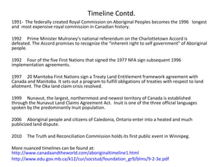 Timeline Contd.
1991- The federally created Royal Commission on Aboriginal Peoples becomes the 1996 longest
and most expensive royal commission in Canadian history.

1992 Prime Minister Mulroney’s national referendum on the Charlottetown Accord is
defeated. The Accord promises to recognize the “inherent right to self government” of Aboriginal
people.

1992 Four of the five First Nations that signed the 1977 NFA sign subsequent 1996
implementation agreements.

1997 20 Manitoba First Nations sign a Treaty Land Entitlement framework agreement with
Canada and Manitoba. It sets out a program to fulfill obligations of treaties with respect to land
allotment. The Oka land claim crisis resolved.

1999 Nunavut, the largest, northernmost and newest territory of Canada is established
through the Nunavut Land Claims Agreement Act. Inuit is one of the three official languages
spoken by the predominantly Inuit population.

2006 Aboriginal people and citizens of Caledonia, Ontario enter into a heated and much
publicized land dispute.

2010   The Truth and Reconciliation Commission holds its first public event in Winnipeg.

More nuanced timelines can be found at:
http://www.canadaandtheworld.com/aboriginaltimeline1.html
http://www.edu.gov.mb.ca/k12/cur/socstud/foundation_gr9/blms/9-2-3e.pdf
 