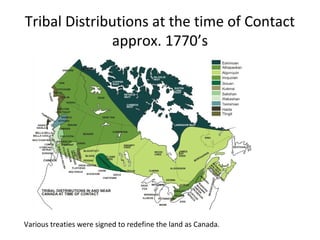 Tribal Distributions at the time of Contact
              approx. 1770’s




Various treaties were signed to redefine the land as Canada.
 