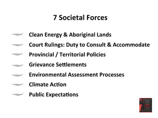 7	
  Societal	
  Forces	
  
	
  
Clean	
  Energy	
  &	
  Aboriginal	
  Lands	
  
Court	
  Rulings:	
  Duty	
  to	
  Consult	
  &	
  Accommodate	
  
Provincial	
  /	
  Territorial	
  Policies	
  
Grievance	
  SeLlements	
  
Environmental	
  Assessment	
  Processes	
  	
  
Climate	
  Ac<on	
  
Public	
  Expecta<ons	
  
 