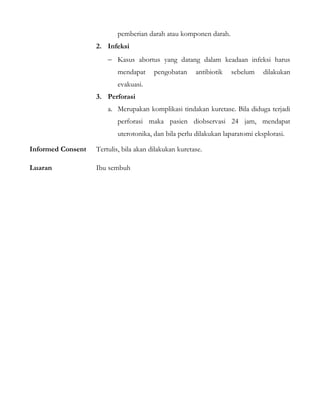 pemberian darah atau komponen darah.
2. Infeksi
− Kasus abortus yang datang dalam keadaan infeksi harus
mendapat pengobatan antibiotik sebelum dilakukan
evakuasi.
3. Perforasi
a. Merupakan komplikasi tindakan kuretase. Bila diduga terjadi
perforasi maka pasien diobservasi 24 jam, mendapat
uterotonika, dan bila perlu dilakukan laparatomi eksplorasi.
Informed Consent Tertulis, bila akan dilakukan kuretase.
Luaran Ibu sembuh
 
