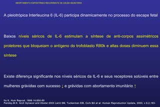 ABORTAMENTO ESPONTÂNEO RECORRENTE DE CAUSA IMUNITÁRIA
A pleiotrópica Interleucina 6 (IL-6) participa dinamicamente no processo do escape fetal
Baixos níveis séricos de IL-6 estimulam a síntese de anti-corpos assimétricos
protetores que bloqueiam o antígeno do trofoblasto R80k e altas doses diminuem essa
síntese
Existe diferença significante nos níveis séricos da IL-6 e seus receptores solúveis entre
mulheres grávidas com sucesso ↓ e grávidas com abortamento imunitário ↑
Ito K. Hum Reprod. 1999 14:650-65
Pandey,M.K. Arch Gynecol and Obstet 2003 Laird SM, Tuckerman EM, Cork BA et al. Human Reproduction Update, 2003, v.9,2,163-
 