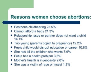 Reasons women choose abortions: Postpone childbearing 25.5% Cannot afford a baby 21.3% Relationship Issue or partner does not want a child 14.1% Too young (parents object to pregnancy) 12.2% Feels child would disrupt education or career 10.8% She has all the children she wants 7.9% Fetus has a health problem 3.3% Mother’s health is in jeopardy 2.8% She was a victim of rape or incest 1.2% 